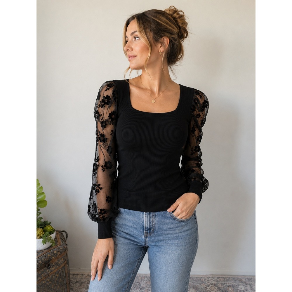 Dark Academia Gothic Floral Sheer Sleeve Black Ribbed Knit Top Almost Famous M